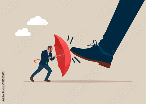 Stress with businesswoman. Protects from a collision with a legs female boss. Demoralised employee. Flat vector illustration