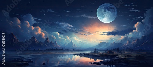 As dusk falls, a full moon rises over a lake, reflecting in the still water below, with mountains silhouetted against the colorful sky