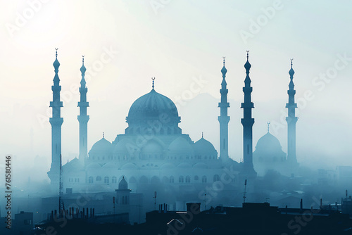 Monochrome silhouette of mosque skyline at dawn