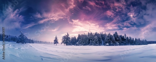 panoramic photo of an incredible winter landscape  vast snow-covered fields with tall evergreen trees in the distance  dark blue and purple sky Generative AI