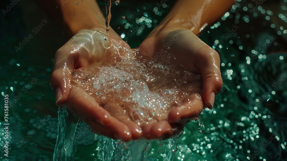 Close up woman hands washes under water Close up woman hands washes under water