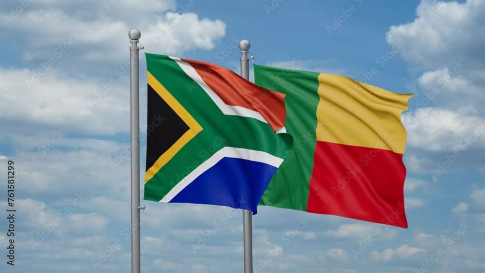 South Africa and Benin two flags waving together, looped video South Africa and Benin two flags waving together, looped video
