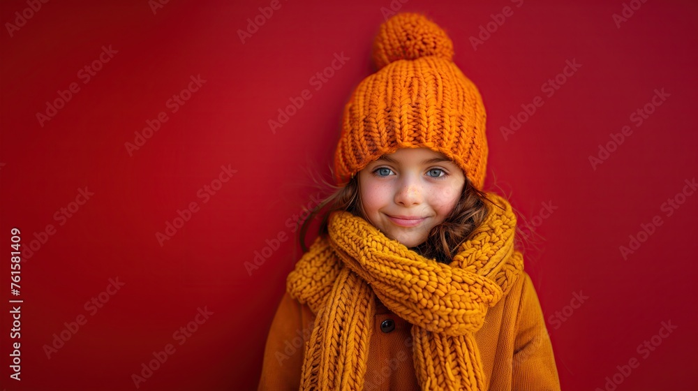 Photo of a cute, cute girl wearing a trendy yellow balaclava. On empty space isolated on red background. Photo of a cute, cute girl wearing a trendy yellow balaclava. On empty space isolated on red background.