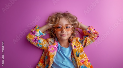 Photo of a cute and optimistic boy wearing stylish summer clothes, arms touching his head. Isolated on purple background. photo