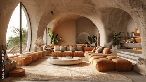 Modern Earth Tone Living Room Interior with Arched Walls and Large Window