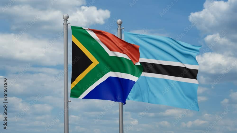 Botswana and South Africa two flags waving together, looped video, two country relations concept Botswana and South Africa two flags waving together, looped video, two country relations concept