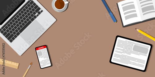 The table with a laptop, a tablet, a notebook, a pen, coffee, vector of illustration, empty space