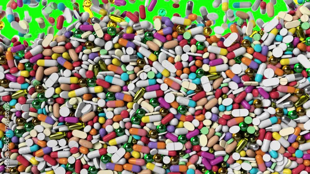 Different pills and medicines falling down. Piles, antibiotics, capsules drooping and stacking. Many medicines raining down and fill in the screen. Medicines 4k animation with green screen, on chroma Different pills and medicines falling down. Piles, antibiotics, capsules drooping and stacking. Many medicines raining down and fill in the screen. Medicines 4k animation with green screen, on chroma