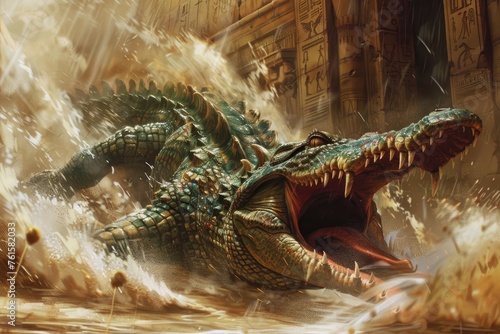 Sobek the Egyptian crocodile god of the Nile River roaring in rage at his enemies photo