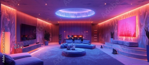 Futuristic Living Room with LED Lighting and Blue Tones Showcasing a Relaxing  High-Tech Entertainment Space