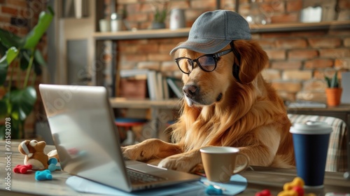 a golden retriever dog wearing glasses and a cap working on a laptop. On the desk are dog toys scattered around and also coffee cup photo