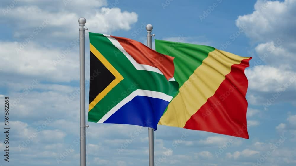 Republic of the Congo and South Africa two flags waving together, looped video, two country relations concept Republic of the Congo and South Africa two flags waving together, looped video, two country relations concept
