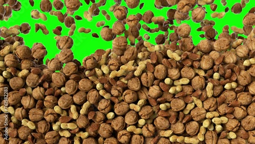 Different kind of nuts falling down green screen animation. Mix of nuts, penauts, drooping and stacking.
Many mix of nuts raining down and fill in the screen. Enormous number of nuts. photo