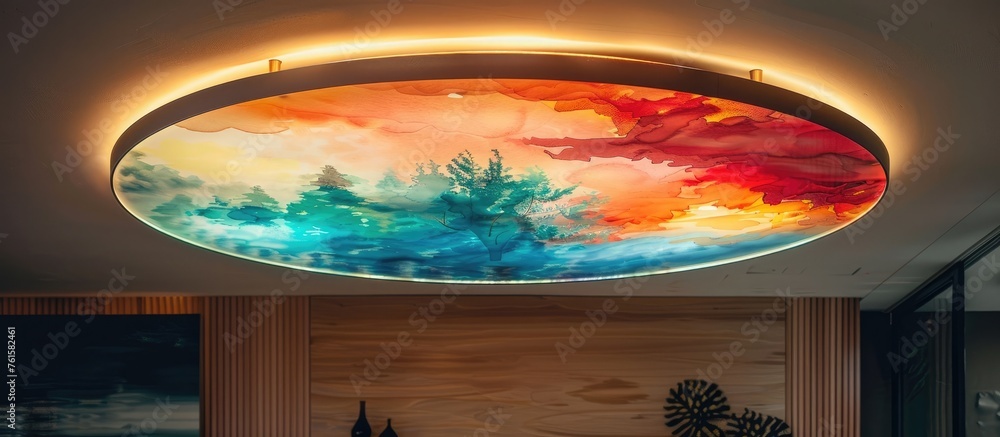 Abstract Watercolor Ceiling Light: Vibrant Trees and Clouds in RGB Colors for Modern Interior Design
