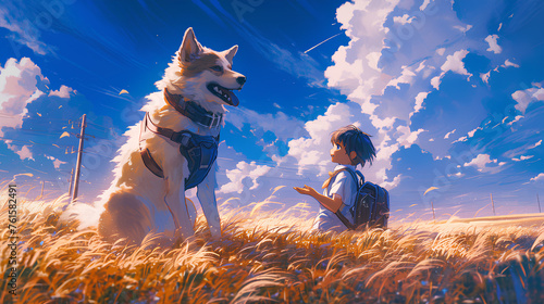 Anime children and dogs like speaking deeply, natural background