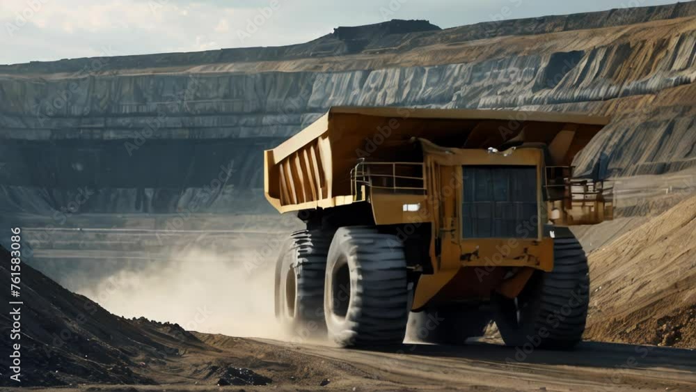 Heavy industrial mining dump trucks driving along the opencast open mine pit Heavy industrial mining dump trucks driving along the opencast open mine pit