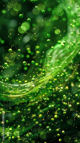 Colorful green bubbles move gracefully in a swirling liquid against a dark background creating an enchanting and vibrant visual display photo