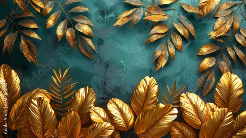 Gold decorative art wallpaper. Art painting, contemporary art, a floral pattern with golden leaves, a plant and bamboo with a curvature of the line, and green background... photo
