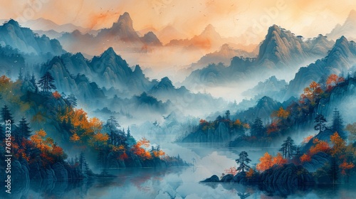 Hand-painted, Chinese style, artistic conception landscape painting, golden texture. Ink landscape painting. Modern Art. Prints, wallpapers, posters, murals, carpets...