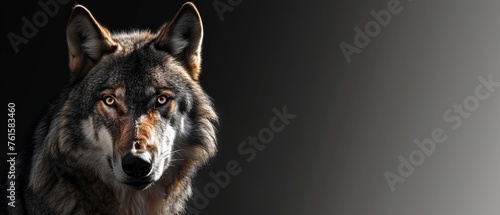 wolf looking straight isolated on black background with copy space.