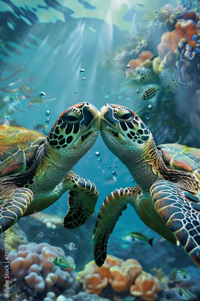  kissing sea turtles, blurred background 