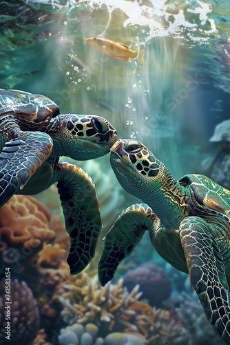  kissing sea turtles  blurred background 