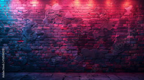 A brick wall illuminated by colorful neon lights that resemble graffiti.