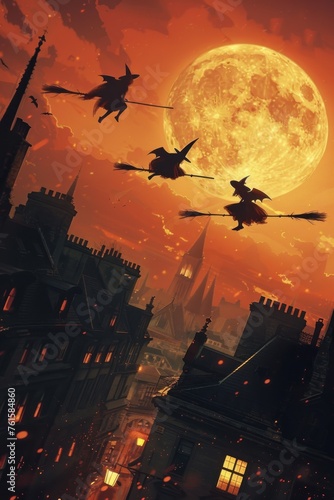 High above the city a group of witches floats on broomsticks in the evening sky their pointed hats silhouetted against the moon Envisioned 