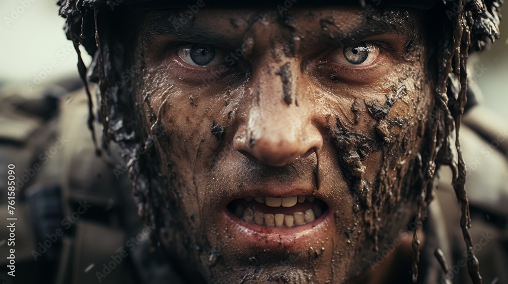 Intense close-up of a soldier displaying determination and grit in a muddy environment during a combat scenario in a war zone Intense close-up of a soldier displaying determination and grit in a muddy environment during a combat scenario in a war zone