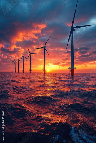 A beautiful sunset over the ocean with a row of wind turbines in the background