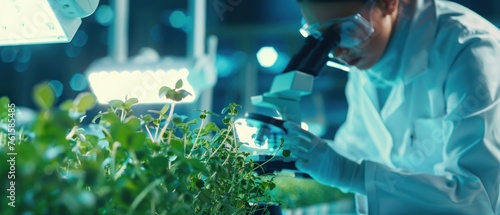 In a futuristic lab a scientist analyzes microgreens under a microscope highlighting their nutrient density 3D render backlighting effects