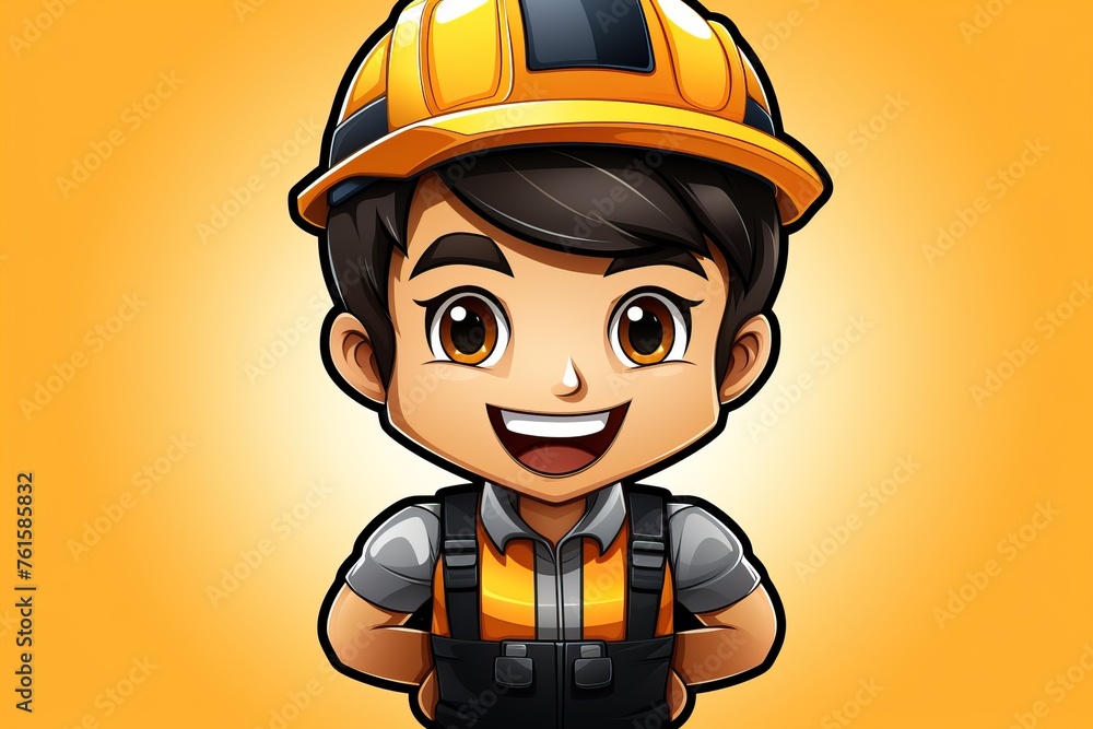 Cartoon portrait of a construction worker in a uniform and protective yellow helmet. Cartoon portrait of a construction worker in a uniform and protective yellow helmet.
