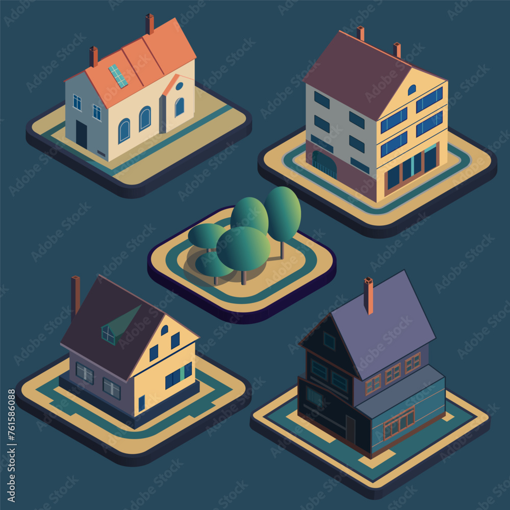Classic architecture isometric set of isolated houses.