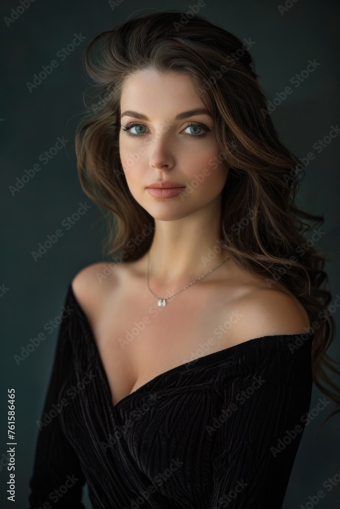 Model poses gracefully with alluring expression in dark attire against a neutral backdrop, showcasing elegance and poise during a portrait session Model poses gracefully with alluring expression in dark attire against a neutral backdrop, showcasing elegance and poise during a portrait session