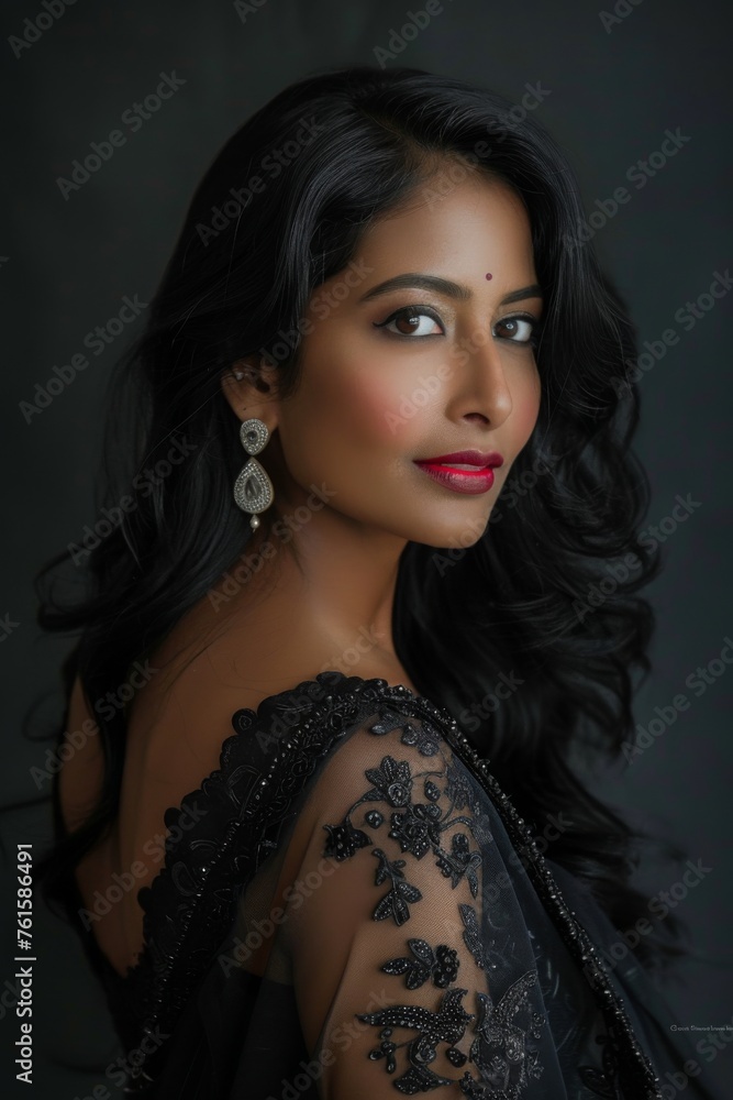 Elegance in traditional attire showcased by a woman with striking features and intricate detailing during a cultural portrait session in a studio setting Elegance in traditional attire showcased by a woman with striking features and intricate detailing during a cultural portrait session in a studio setting