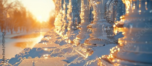 Ice Sculptures Bathed in Warm Winter Sun's Golden Light Creating an Enchanting Winter Landscape