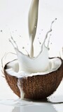 Milk pouring in half of coconut over white background 