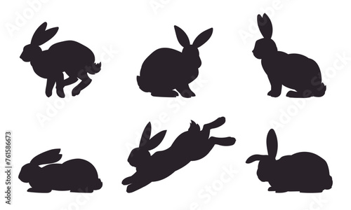 Bunny silhouettes. Easter spring monochrome rabbits, eared Easter hares flat vector illustration set. Cute holidays rabbits silhouette collection