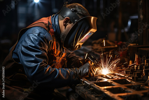 Welding workshop, a worker in a protective mask welds metal parts.