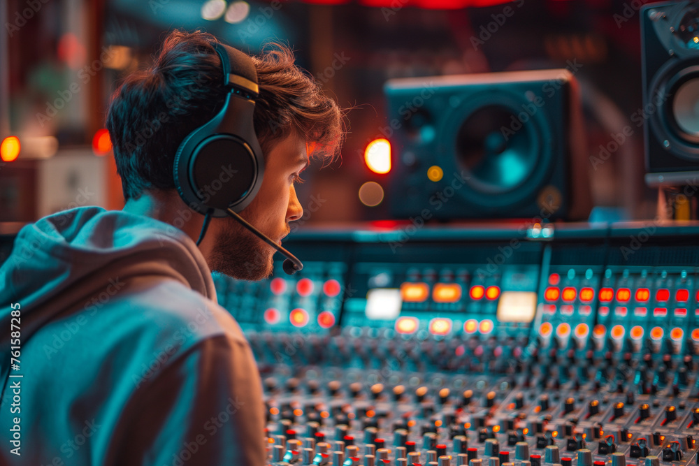 male with headphones sitting in front of a sound mixing console - obrazy, fototapety, plakaty 