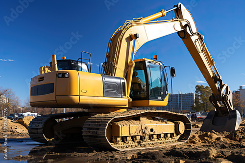 A yellow excavator is working on a construction site.