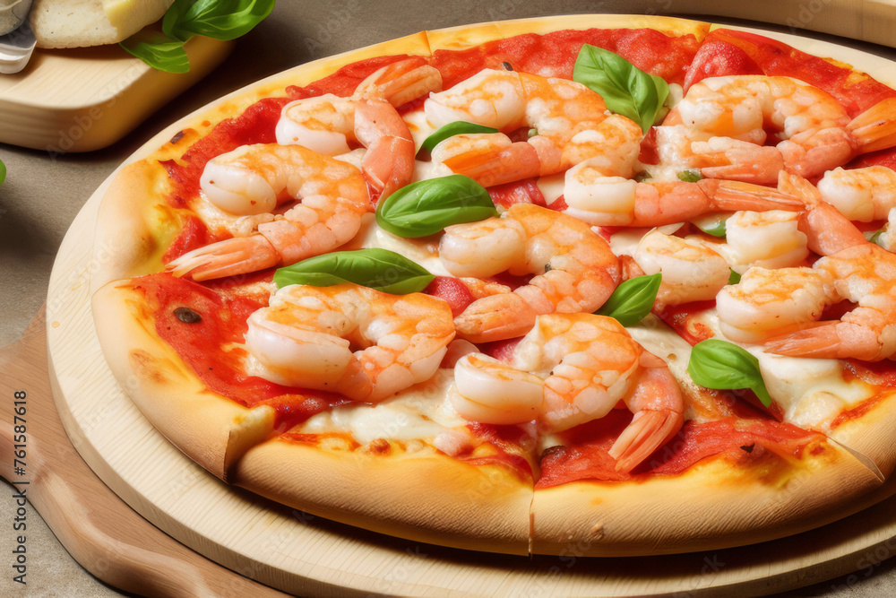 Round large pizza with shrimp, pineapple slices,
onions, herbs and tomato paste on a wooden plate on the table. Round large pizza with shrimp, pineapple slices,
onions, herbs and tomato paste on a wooden plate on the table.