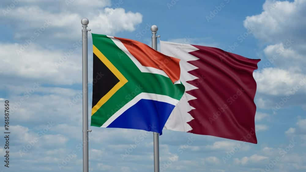 Qatar and South Africa two flags waving together, looped video, two country cooperation concept Qatar and South Africa two flags waving together, looped video, two country cooperation concept