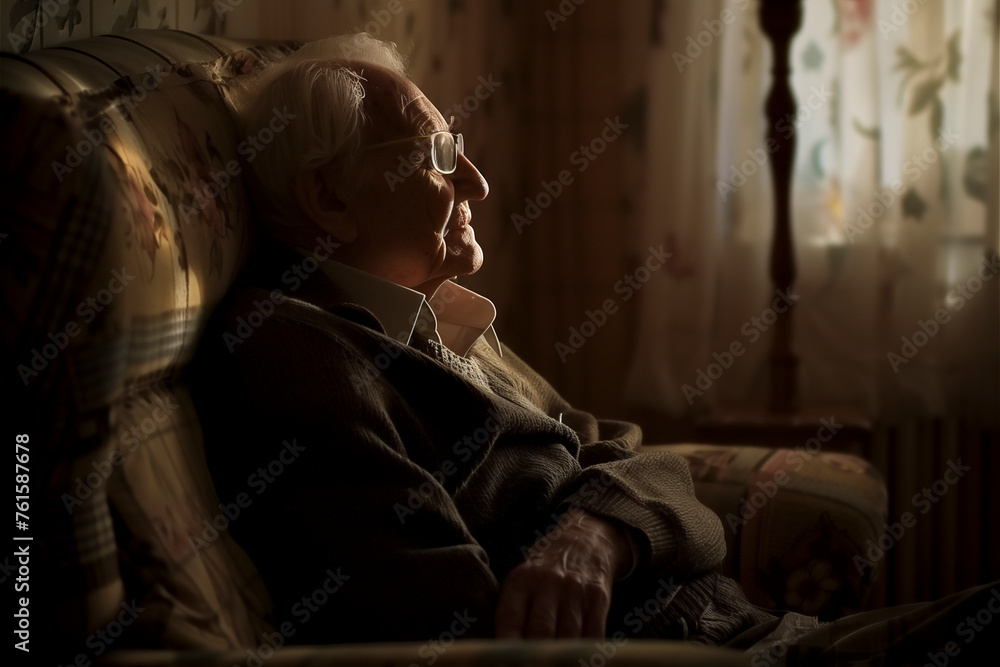 Picture of elderly man looks sad while sitting in the wheelchair near the window in the retirement home. One senior old male with sadness and depression abandoned alone. Loneliness retirement life