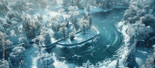 3D Style Ice Palace in Aerial View: Intricate Icy Pathways and Winter Sun Casting Long Shadows