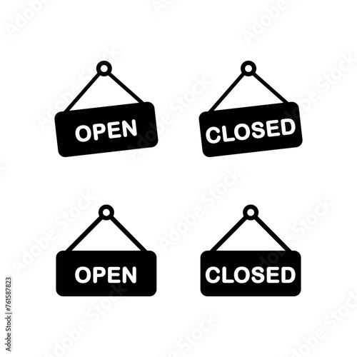 open closed sign  black filled icon set  visitor welcoming shop board  vector tag with negative space