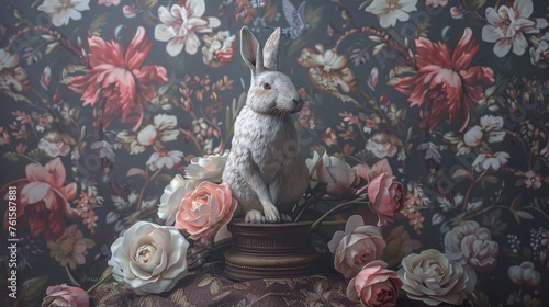 A statuesque rabbit stands poised amidst an array of soft roses against a classic floral tapestry backdrop, creating a timeless composition.
