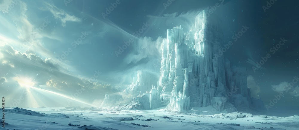 Massive Ice Castle Soaring into the Sky in a Dazzling Winter Landscape - obrazy, fototapety, plakaty 