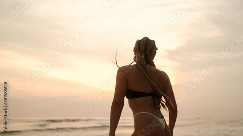 Rear view of a young sexy woman with braids in a bikini on the beach at sunset against the backdrop of the red setting sun. Tropical island vacation concept banner. Braiding studio.