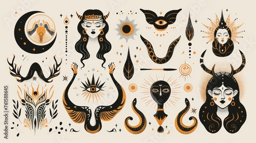 An illustration collection depicting mythologies and mystical creatures. Including esoteric and boho objects, a woman and moon, a snake and evil eye. photo